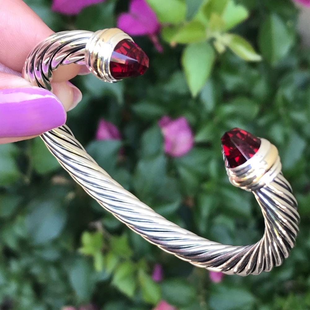 David Yurman 7mm Cable Bracelet w/ Garnet & 14K